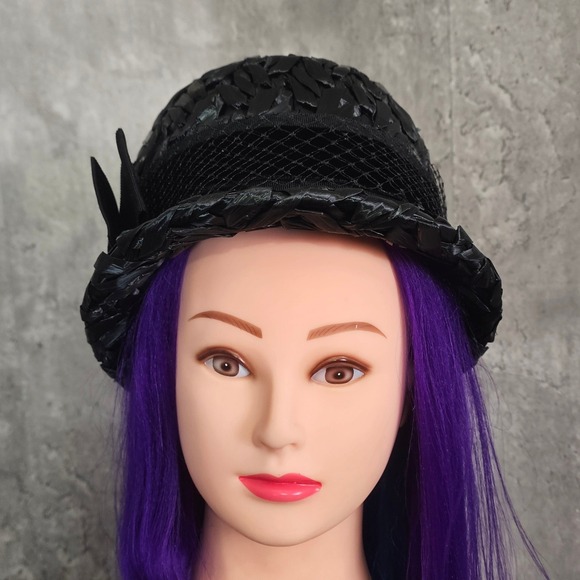 Vintage 60s Black Raffia Pillbox Hat ILGWU Jackie O Mod Cocktail‎ Mad Men main image 5